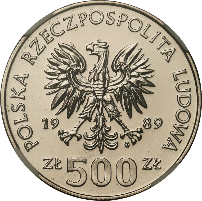 PRL. PRÓBA Nikiel 500 złotych 1989 Wojna Obronna NGC MS69